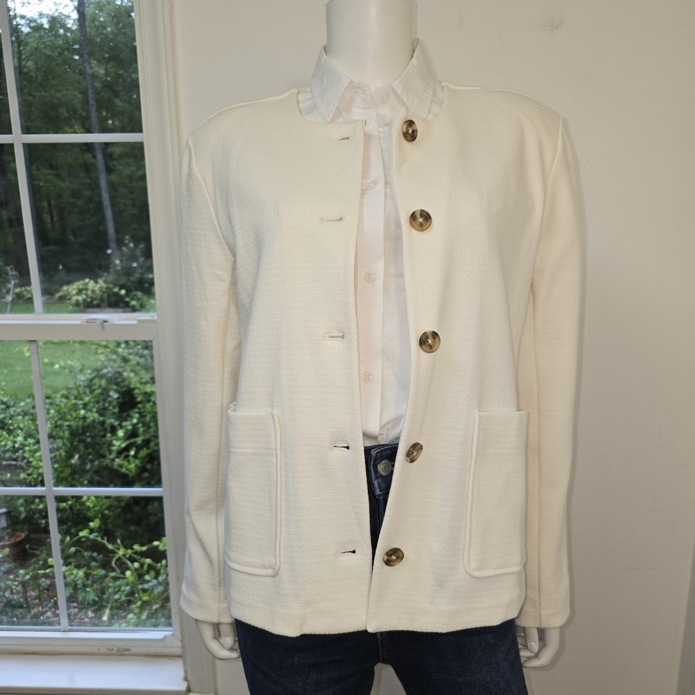 Banana Republic Collarless Blazer Jacket Size M Cream Textured Preppy Button Up